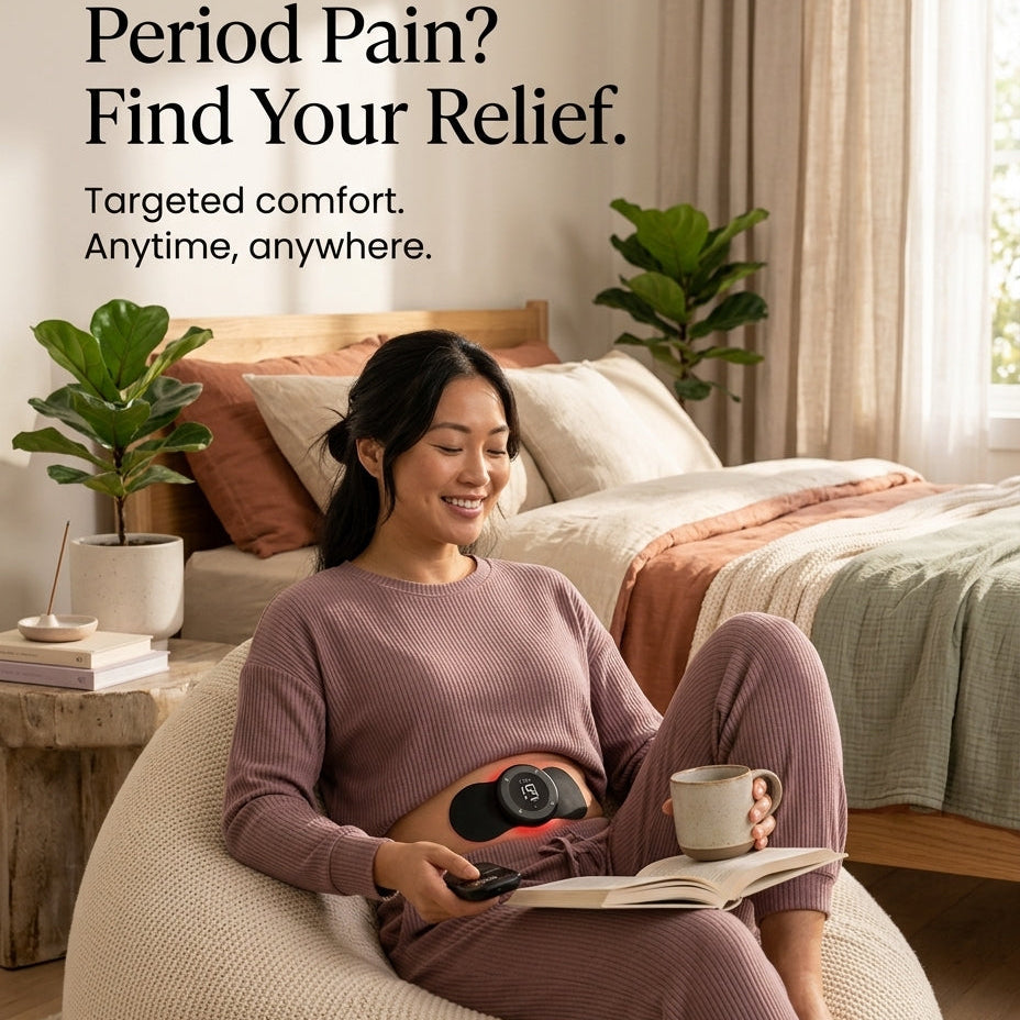 A woman relaxes in a cream knit beanbag chair in a softly lit bedroom, wearing a matching mauve ribbed top and pants and holding a small round black-and-red wearable device around her lower abdomen. Text at the top reads, 'Period Pain? Find Your Relief.